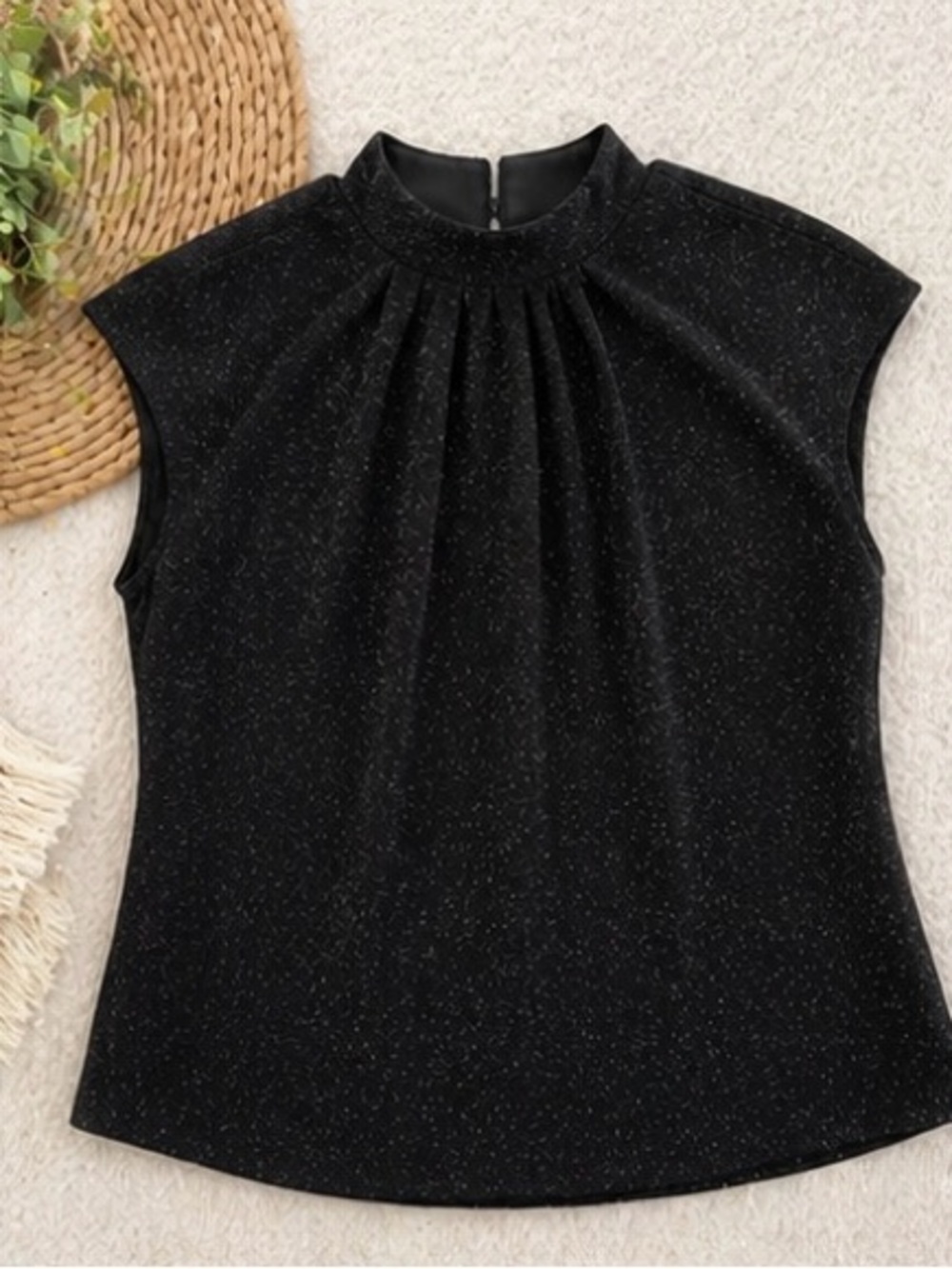 Ann Taylor Black Shimmer Mock Neck Blouse | Size L | Cap Sleeve Dressy Top